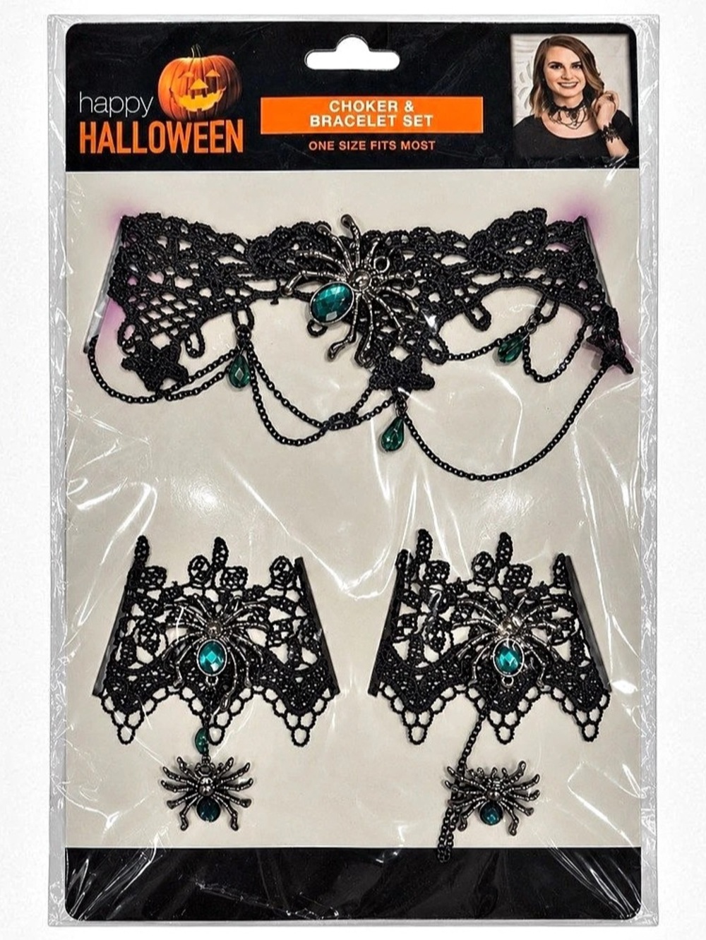 Halloween Gothic Black Lace Spider Choker & Bracelet Set Green Gems